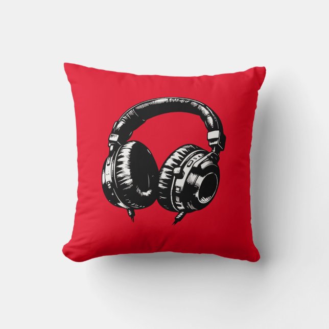 Coussin Casque audio musique noire DJ  (Recto)