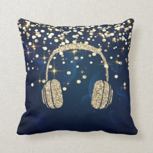 Coussin Casque audio pailleté or, étoiles points bleu mari