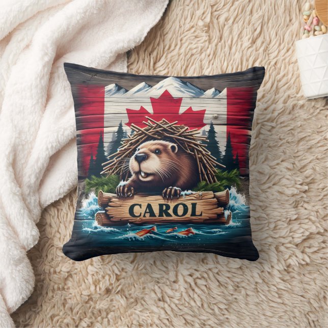 Coussin Castor canadien avec Arrière - plan du drapeau can (Couverture)