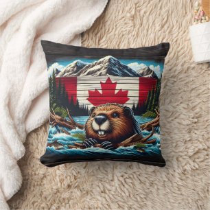 Coussin Castor canadien avec drapeau dans un cours d'eau d