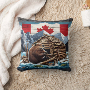 Coussin Castor canadien avec drapeau et pavillon dans la n