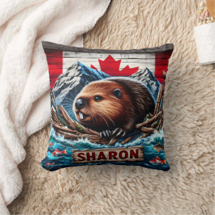Coussin Castor par eau avec drapeau canadien