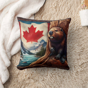 Coussin Castor Par Rivière Avec Drapeau Canadien