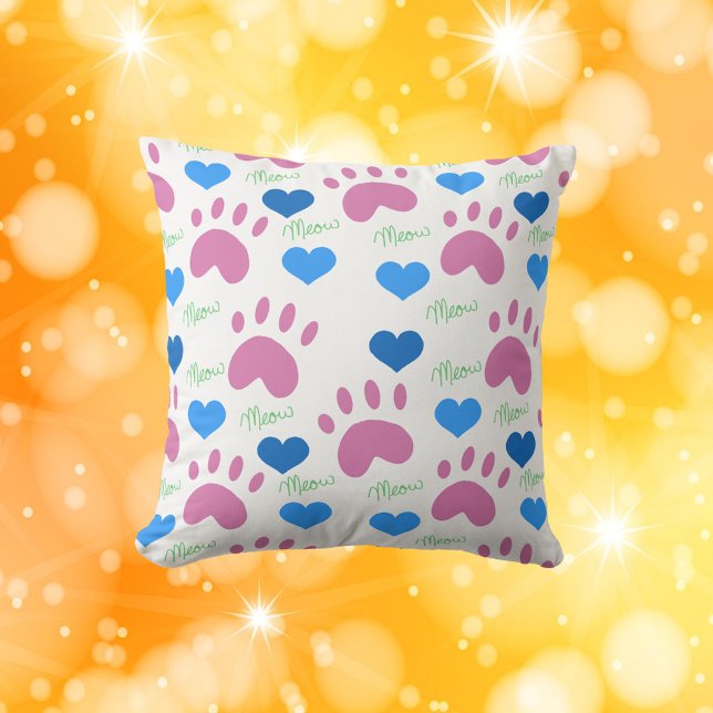 Coussin Cat Paws Hearts Meow Hand Drawn Pattern Pink Blue (A pillow with a pattern of cat paws, hearts and meow in pink, blue and green.)
