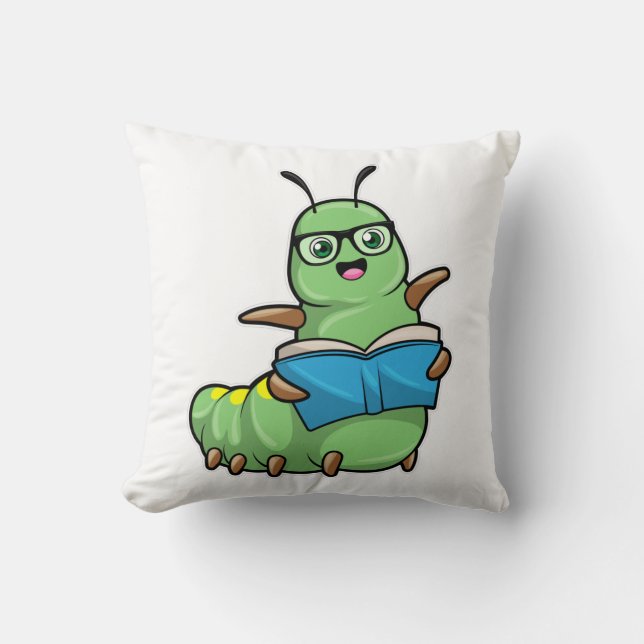 Coussin Caterpillar Nerd avec livre et lunettes (Recto)