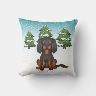Coussin Cavalier King Charles Spaniel noir et feu en hiver