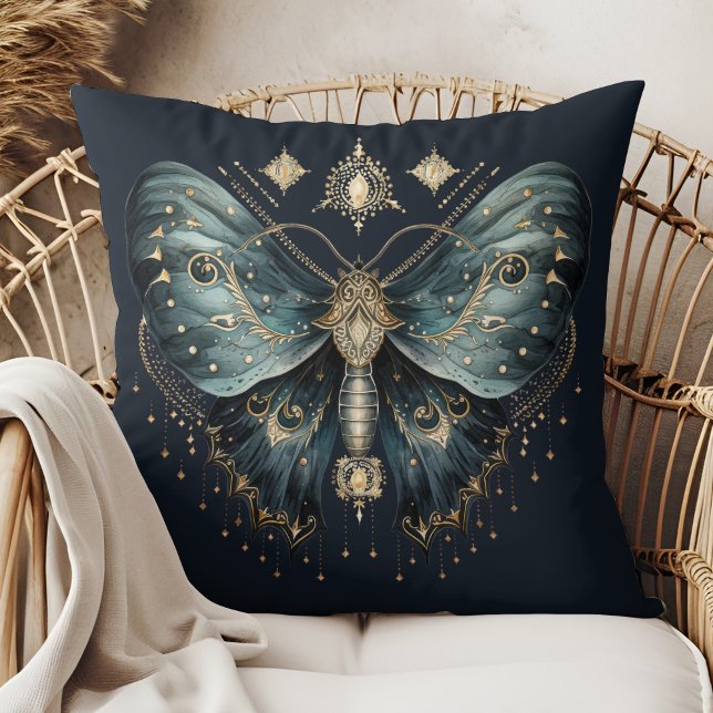 Coussin Celestial Blue Moth Witchmas Throw Pillow (Celestial Blue Moth Witchmas Throw Pillow in a boho rattan armchair.)