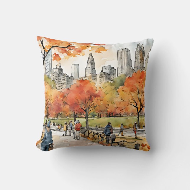 Coussin Central Park, aquarelles, générées par l'IA, (Recto)