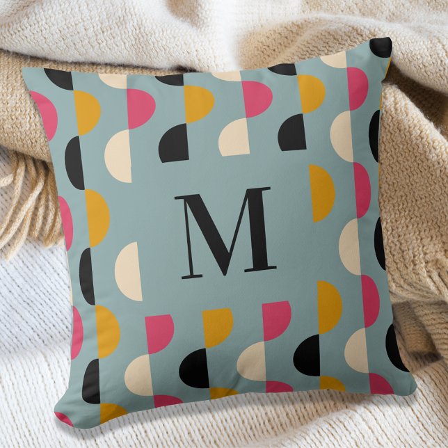 Coussin Cercle bleu jaune rose motif rétro (Créateur téléchargé)