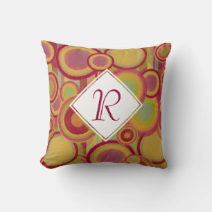 Coussin Cercles & Rayures, Monogramme Rouge, Jaune & Vert
