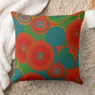 Coussin Cercles rouges orange sarcelle vert exotiques maro