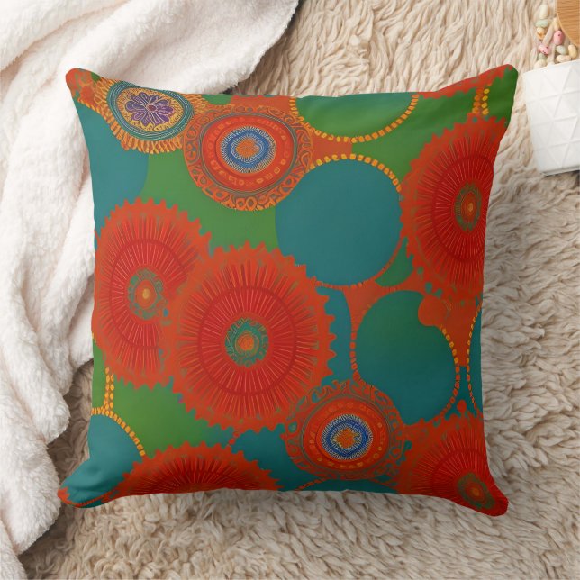 Coussin Cercles rouges orange sarcelle vert exotiques maro (Couverture)