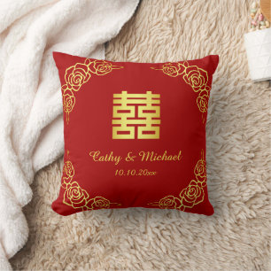 Coussin Cérémonie de thé chinoise avec rose florale rouge 
