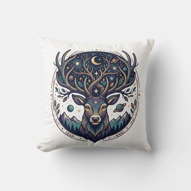 Coussin Cerf Céleste Lune et Étoile Mystique Art Cerf (Recto)