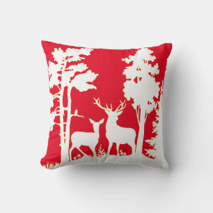 Coussin Cerf dans le bois Silhouette Rouge & Blanc Noël