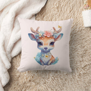 Coussin Cerf de Bébé mignon avec Antlers et Fleurs