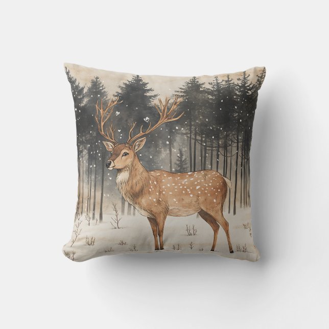 Coussin Cerf de la majesté hivernale Scène hivernale (Recto)