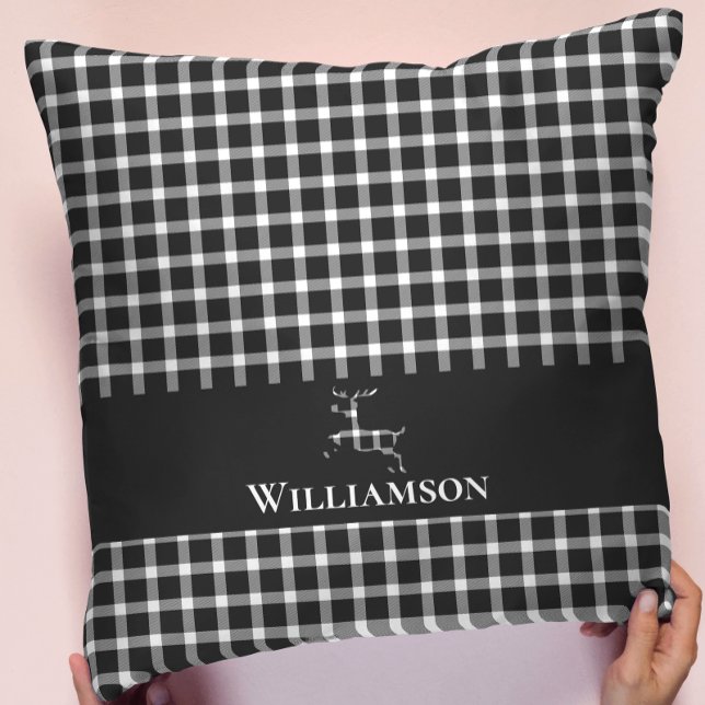 Coussin Cerf Monogramme Rustique Plaid | Noir blanc (Créateur téléchargé)