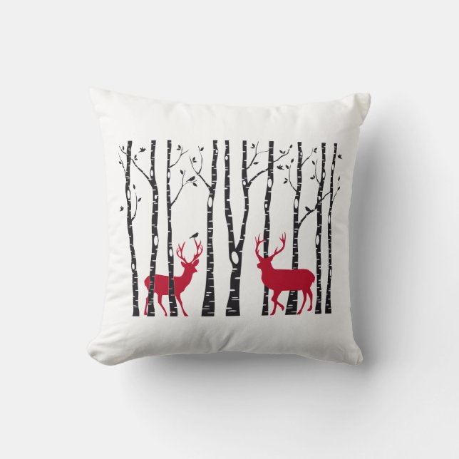 Coussin Cerfs de Noël rouges dans la forêt de bouleaux (Recto)