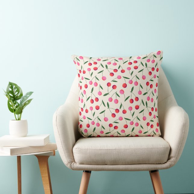 Coussin Cerise de Berry rouge et rose rétro sur crème (Chaise)
