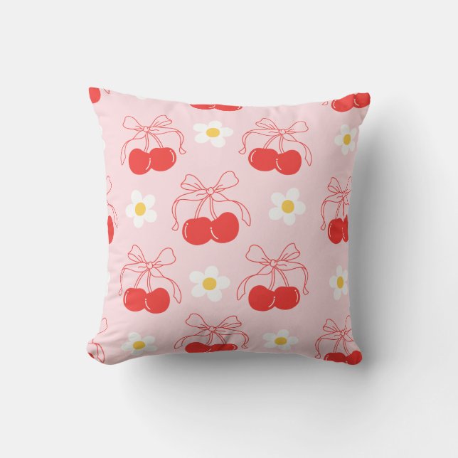 Coussin Cerise Rouge Coquette Nœud Fleurs de Marguerites F (Recto)