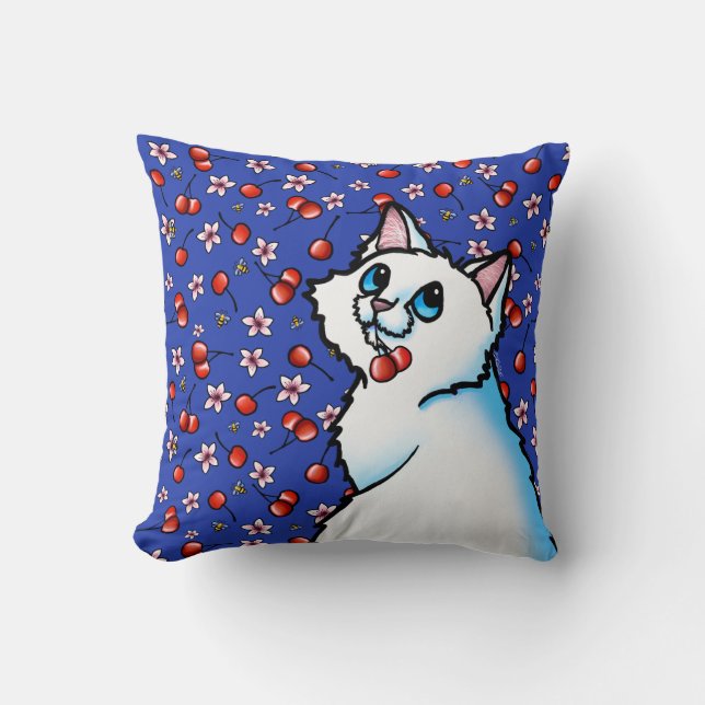 Coussin Cerises de chat blanc Lancer l'oreiller (Recto)