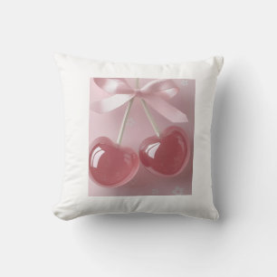 Coussin Cerises Roses Kawaii avec Nœud Satiné – Illustrati
