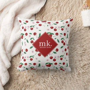 Coussin Cerises rouges Verdure & Fleurs de cerises Monogra
