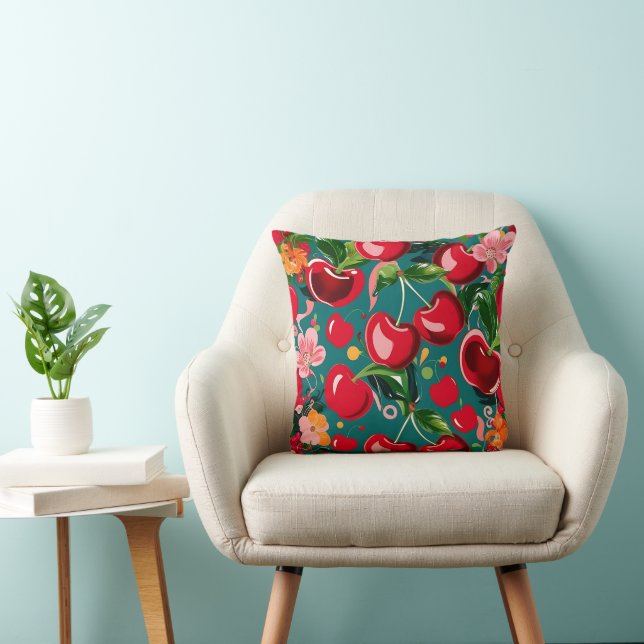 Coussin Cerisier et motif floral sur Arrière - plan Turquo (Chaise)