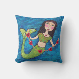 Coussin Chaîne de queue verte de sirène d'art populaire de