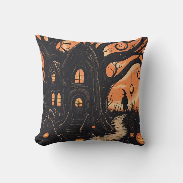 Coussin Chalet de la sorcière Arbre torsadée Eerie Hallowe (Recto)