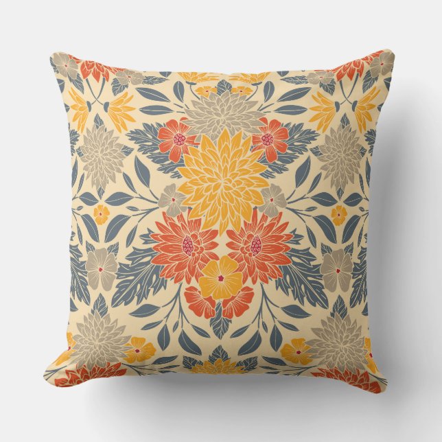 Coussin Chaleureux Jaune, Orange & Bleu Floral (Recto)