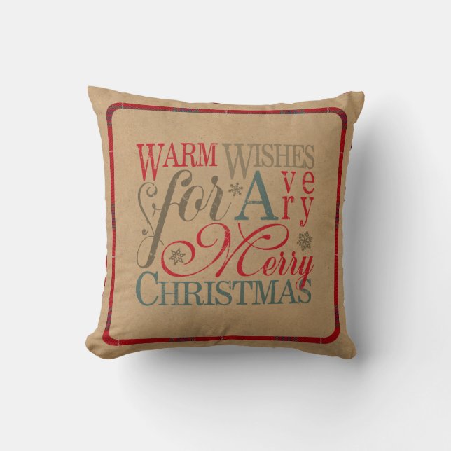 Coussin Chaleureux Voeux Typographie Kraft & Tartan Rouge  (Recto)