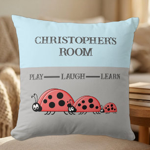 Coussin Chambre d'enfant coccinelles nom personnalisé gris