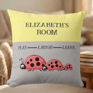 Coussin Chambre d'enfant coccinelles nom personnalisé gris