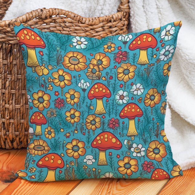 Coussin Champignons Retro 70's Rouge Jaune Turquoise (Cute orange mushrooms on teal decorator pillow)