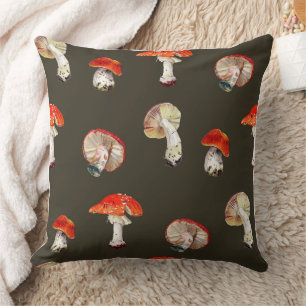 Coussin Champignons rouges botaniques sur fond sombre