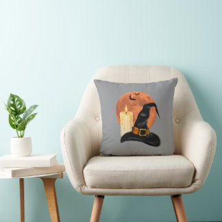 Coussin Chapeau de sorcière & bougie sous la lune orange H