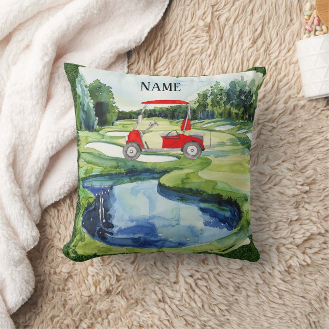 Coussin Chariot rouge golf sur terrain de golf aquarelle (Couverture)