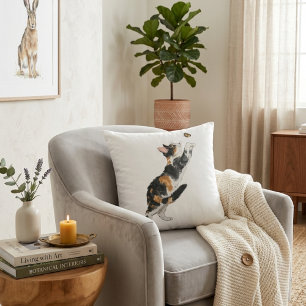 Coussin Charmant Chat Calicot et Papillon Peinture à l'eau