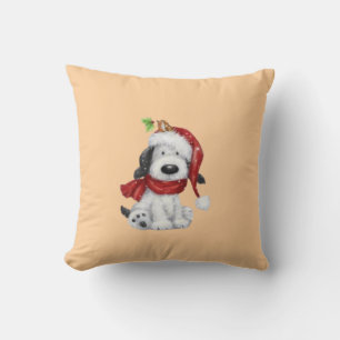Coussin Charmant chien de Noël avec chapeau de Père Noël &
