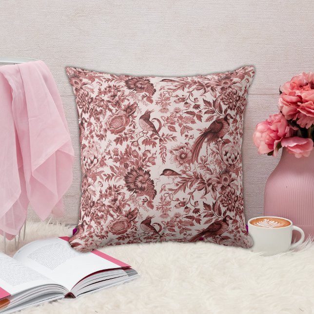 Coussin Charmante Toile de Jouy Oiseaux rouges & Fleurs (Créateur téléchargé)