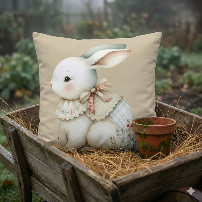 Coussin Charme de Lapin Cottagecore (Cottagecore Bunny Charm Throw Pillow Mockup C)