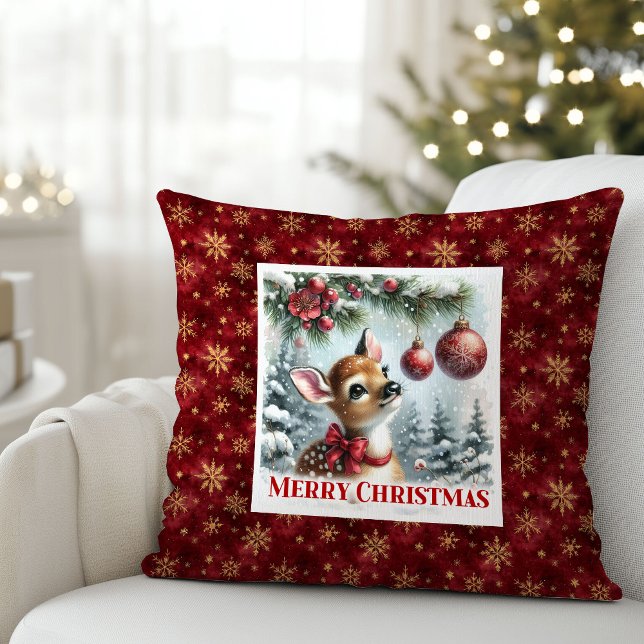 Coussin Charming baby fawn festive winter scene Christmas  (Charming baby fawn festive winter scene Christmas pillow)