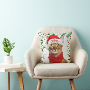 Coussin Chat Abyssin Ho Ho Ho Chapeau de Santa Meowy Noël