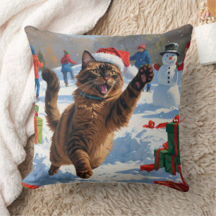 Coussin Chat abyssin Scène de neige festive de Noël