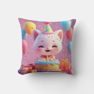 Coussin Chat animé adorable célébrant un anniversaire
