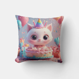 Coussin Chat Animé Adorable Fêtant un Anniversaire