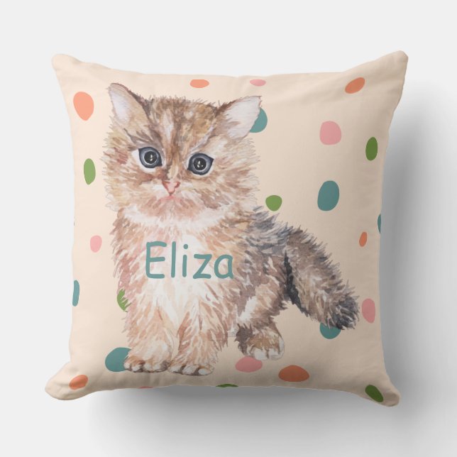 Coussin Chat aquarelle personnalisé pois enfant rose pépin (Recto)