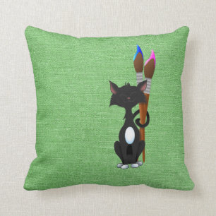 Coussin Chat avec des pinceaux sur fond vert